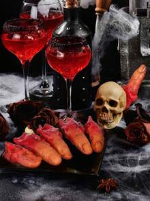 5 piezas de dedos falsos realistas con sangre, accesorios de decoración de Halloween con tono de piel y detalles sangrientos, adecuados para casas embrujadas, fiestas, bromas de fiesta y decoración de terror, Halloween - A - Ver 5