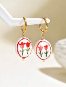 1 Pair Minimalist Gentle Style Oval Hand-Painted Floral Earrings For Women, Vacation, Casual, Travel Wear - Multicolor - View 9