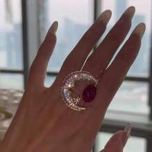 1pc Vintage Handmade Star & Moon Shaped Ring Inlaid With Shiny Pink Ring Elegant Rings Suitable For Women Design Rings Exquisite Gift Choice - Multicolor - View 6