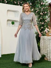 JINLICX Luxury Grey V‑Neck Rhinestone Beaded Peplum Pleated Floor‑Length Banquet Evening Dress - Silver - View 3