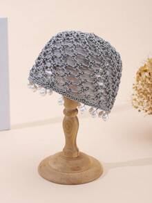 1pc Women's Bohemian Vintage Pearl Pendant Handmade Hollow Woven Hair Net Hat, Breathable Knitted Bucket Hat, Retro Party Wedding Bridesmaid Travel Outing Photography Hollow Breathable Daily Wear Head-Covering Bucket Hat - Mesh Pearls - View 8