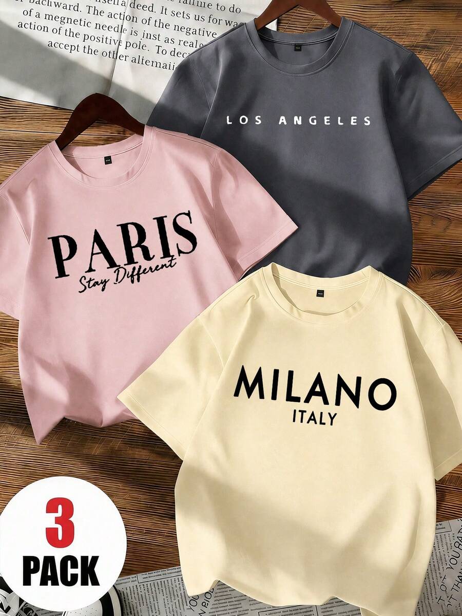 3 peças/Conjunto Camiseta de Manga Curta com Gola Careca Estampada Casual para Meninas Pré-Adolescentes, Roupa de Verão para Estudantes - Camisetas Coloridas Trazem Alegria a Todas as Crianças! Blusas Gráficas para Meninas Pré-Adolescentes, Verão