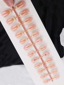 24 Stücke kurze quadratische Fake Nägel, gelb-rosa Blumen Nagelkunst, süßes Chrom-Legierungs-Acryl-Gel-Nagel-Set (enthält: 1 Stück Gelee-Gel und Nagelfeile), geeignet für den täglichen Gebrauch, Dates, Partys von Frauen - Verschiedenfarbig - Übersicht 3