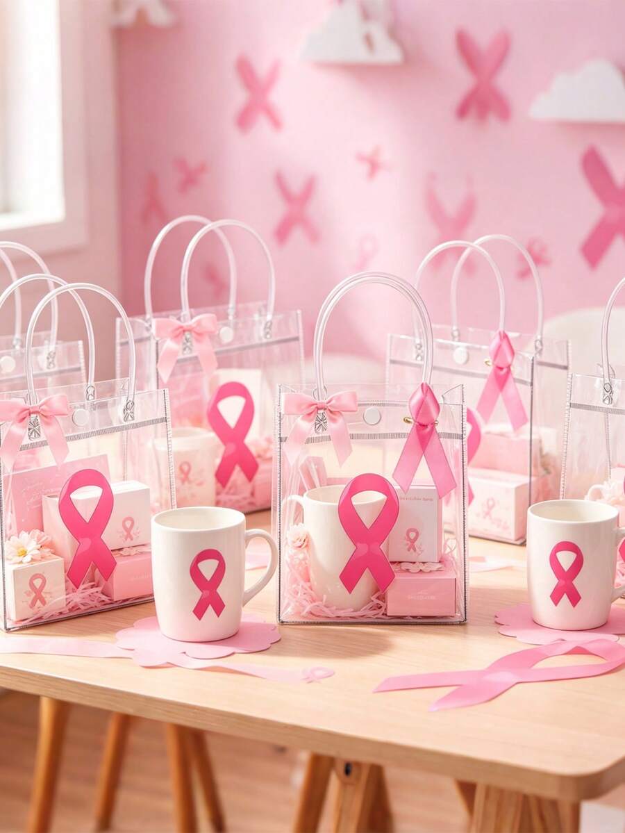 6pcs Breast Cancer Awareness Gift Bags With Pink Ribbon Pins&Bow Pink Ribbon Party Transparent PVC Gift Wrapping Bags With Handle For Breast Cancer Awareness Month Charity Party Favors - Clear - View 1