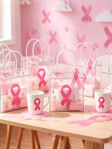 6pcs Breast Cancer Awareness Gift Bags With Pink Ribbon Pins&Bow Pink Ribbon Party Transparent PVC Gift Wrapping Bags With Handle For Breast Cancer Awareness Month Charity Party Favors - Clear - View 10