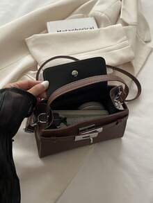 1pc Brown New Strap Decor Solid Color PU Small Square Handbag For Women - Brown - View 6