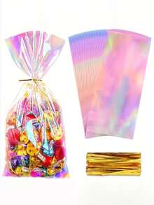 50/25/1pc Rainbow Transparent Plastic Candy Bags, Laser Style Gift Bags, Party Cookie Snack Bags With Gold Twist Tie Closure, Colorful Gift Packaging Bags - Multicolor - View 1