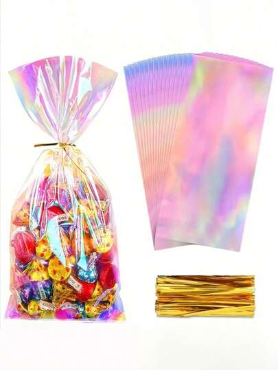 50/25/1pc Rainbow Transparent Plastic Candy Bags, Laser Style Gift Bags, Party Cookie Snack Bags With Gold Twist Tie Closure, Colorful Gift Packaging Bags