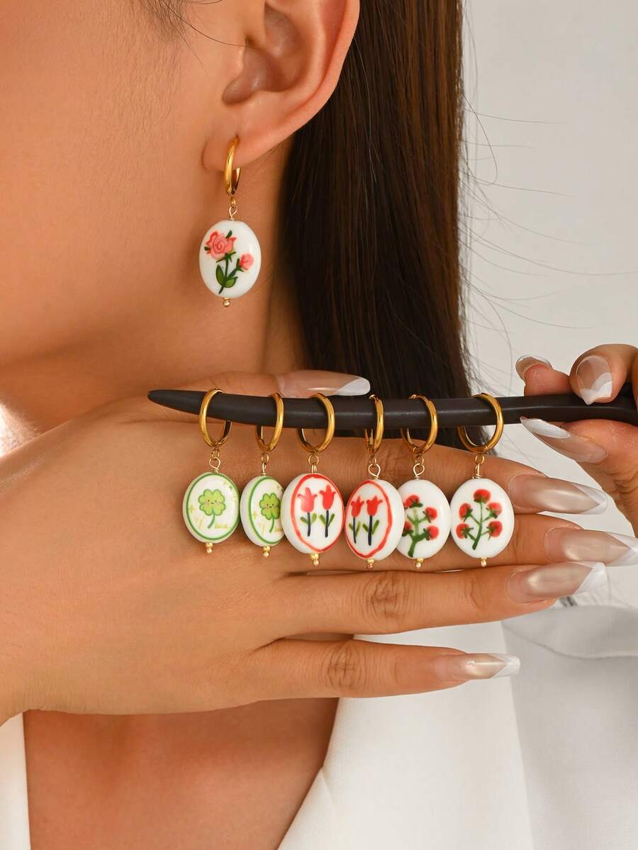 1 Pair Minimalist Gentle Style Oval Hand-Painted Floral Earrings For Women, Vacation, Casual, Travel Wear - Multicolor - View 1