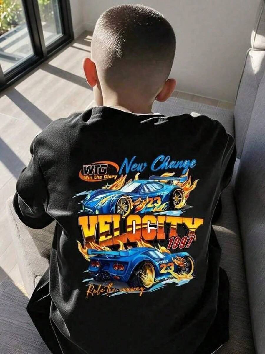 Short-Sleeved T-Shirt With Round Neck Featuring Letter And Racing Car Print For Toddlers - Black - View 1