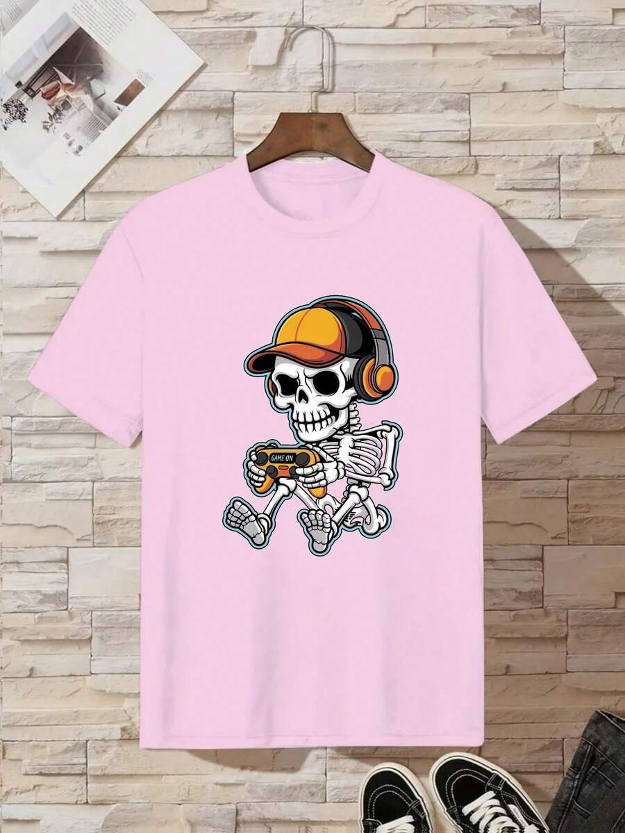 August 11, 2025, Summer T-Shirt For Boys With Skull Print, Casual Short Sleeve T-Shirt For Kids - 灰色 - 查看 1