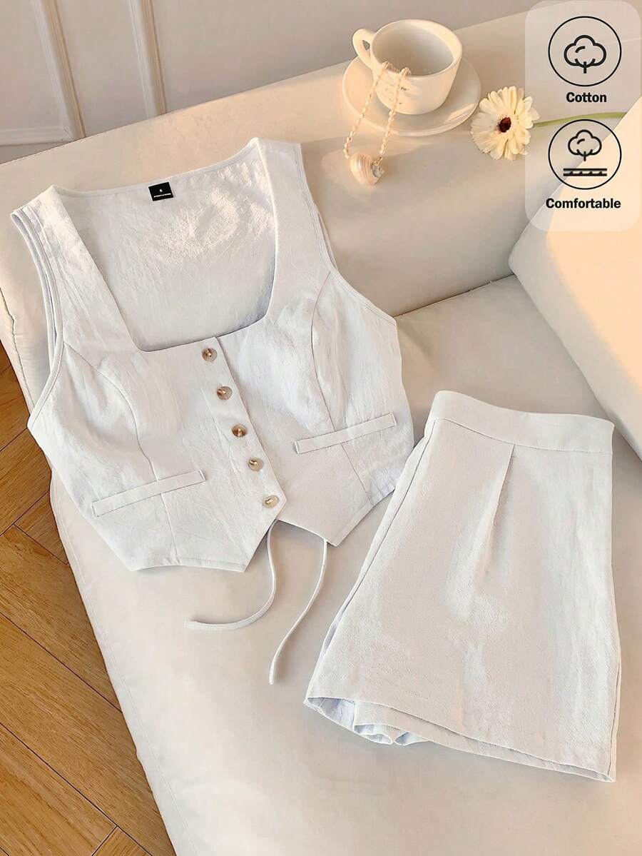 Conjunto de 2 piezas 100% algodón blanco, Primavera/Verano 2026, Parte superior corta sin mangas, Adecuado para invierno, Pascua, Fiesta, Playa, Boda, Graduación, Elegante - Blanco - Ver 1