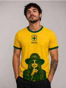 Brazil Football T-Shirt - Brazil Vs. Rita - New Release - Exclusive Print! - Yellow With Green Collar - View 3