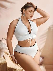 Swim Chiccia 2 piezas Conjunto de bikini de triángulo con cuello de halter y ribete de concha para mujer de talla grande, vacaciones - Blanco - Ver 1