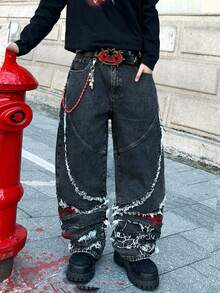 Infinite Jeans 1pc American Street Style Men's Frayed Patchwork Embroidered Loose Wide Leg Comfortable All-Season Versatile Streetwear Denim Long Pants (Product Does Not Include Belt And Accessories) - Black - View 3