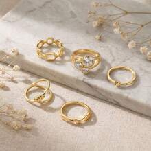 5 Stücke Set Goldfarbene Ringe, stapelbare geknotete & Cut Out Kettenringe mit Strass, vielseitiger Schmuck für Frauen - Gold - Übersicht 5