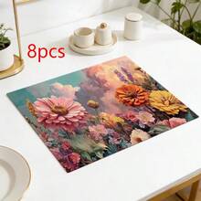 1/2/4/6/8PCS Floral Placemats,45*30cm,2 Prints: Sky Cloud Zinnia Painting & Watercolor Gradient Sunflower. 100% Polyester, Fade/Water/Stain/Heat Resistant, Machine Washable & Durable For Home Dining Decor. - Multicolor - View 17