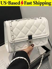 Indentation Diamond Shape Square Bag Lock Closure Flap Metal Chain Shoulder Bag Crossbody Bag White Purse For Daily Travel Back To School Outfits - 彩色 - 查看 10