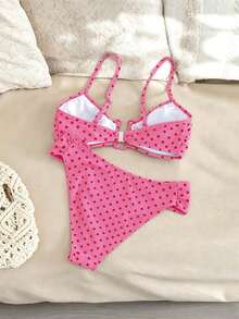 Elegant Women's Vacation Swimsuit Set, Overall Black And White Polka Dot Patchwork Design, U-Shaped Underwire Bust, Adjustable Shoulder Straps With Back Buckle And Backless Design, Side Pleated Pants, Suitable For Spring And Summer Beach Or Vacation - Hot Pink - View 3