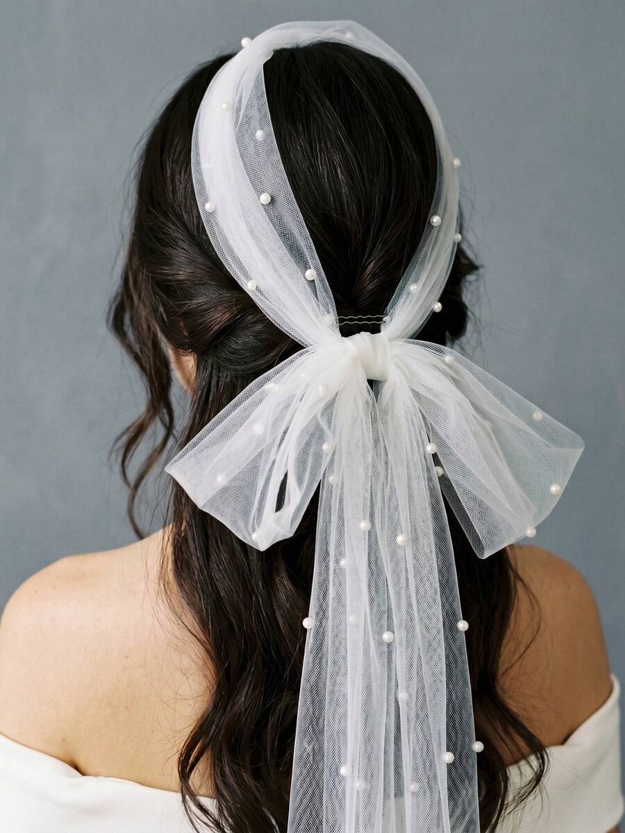 Voile long en tulle avec nœud et perles, accessoire de tête ruban de mariée multifonction, écharpe de cou de mariage pour la mariée, séance photo d'élopement