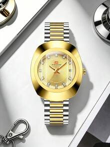 VA VA VOOM Brand Men's Quartz Watch, Luxury Gold Stainless Steel Band, 40mm Oval Dial With Rhinestone Markers, Original Timekeeping And Date Function, Business Style, Fashionable And Versatile, Suitable For Work, Party, School And Other Occasions, Men's Holiday Gift Wristwatch - Gold - View 4