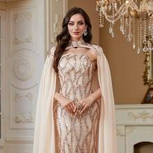 Đầm dạ hội đuôi cá cúp ngực đính sequin phong cách sang trọng nhẹ nhàng, kèm áo choàng voan chiffon tháo rời, váy dạ tiệc trang trọng cho nữ MC hội nghị thường niên - Rượu sâm banh - Xem 10