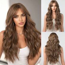 26 Inch Long Wavy Curly Synthetic Wig With Bangs, Heat-Resistant Fiber, Natural-Looking Grey Gold Wig For Women, Perfect For Cosplay, Party And Daily Wear - Brown - View 13