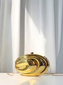 1 pieza Bolso de noche con rayas electrochapadas en oro 3D con cadena de metal, forma asimétrica, hombro/bandolera/clutch, diseño asimétrico, estilo de alta gama para vestido de noche de mujer, concierto y fiesta - Dorado - Ver 1
