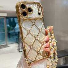 1pc Rhinestone Sequin Leather Chain Studded Air Cushion Electroplated Gold TPU Shockproof Phone Case Compatible With IPhone - Multicolor - View 16