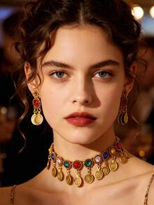 Bohemian Vintage Gold Colorful Crystal Jewelry Set, Sunflower Drop Earrings & Choker Necklace For Party - Round - View 2
