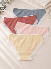 4 Packs Women's Ribbed Cotton Brief Panties, Lace Trim Bow Underwear, Soft Breathable Low-Rise Daily Intimates, Stretchy & Skin-Friendly Multicolor Pack - Multicolor - View 3