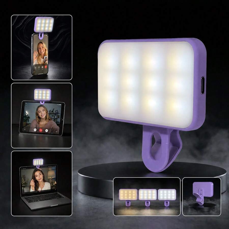 No 015062149-0001 Adjustable Three-Color Square Selfie Light, LED Phone Light With Removable Clip, Suitable For Smartphones, Cameras, Video Conferencing, Live Streaming Lighting, Laptops, Makeup, And Selfies (150mAh)