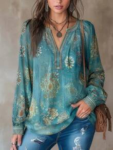 2026 New Blue-Green Floral Print Blouse Long Sleeve Loose Fit Bohemian Top Hippie Shirt Vintage Floral Print Small V-Neck Lantern Sleeve Lightweight Breathable Print Bohemian Fashion Vacation Outfit Island Holiday Style Country Music Festival Outfit Western Cowboy Style Pastoral Vintage Style Retro Aesthetic Casual Streetwear Plus Size Friendly - Multicolor - View 4