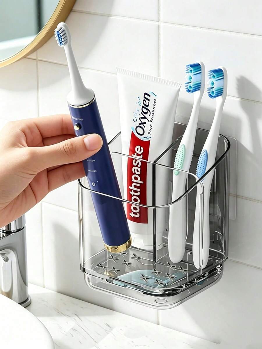 1pc Transparent Toothbrush Holder, Divided Wall-Mounted Storage Rack, Multi-Functional Bathroom Storage Accessory, Creative Drill-Free Bathroom Organizer, For Storing Toothbrush Supplies, Combs And Razors, Home Bathroom Decor - Grey - View 1