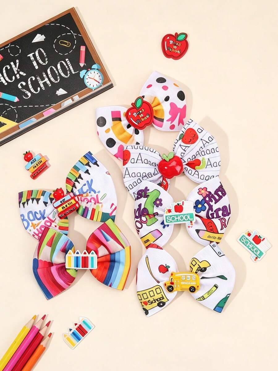 6 Stücke/2 Stücke Set Schulanfang Haarschleifen-Clips, Schulbus-Apfel-Muster Haarspangen, Teenager Erster Schultag Kopfschmuck, Geschenk für neue Schüler, Teenager Haaraccessoires