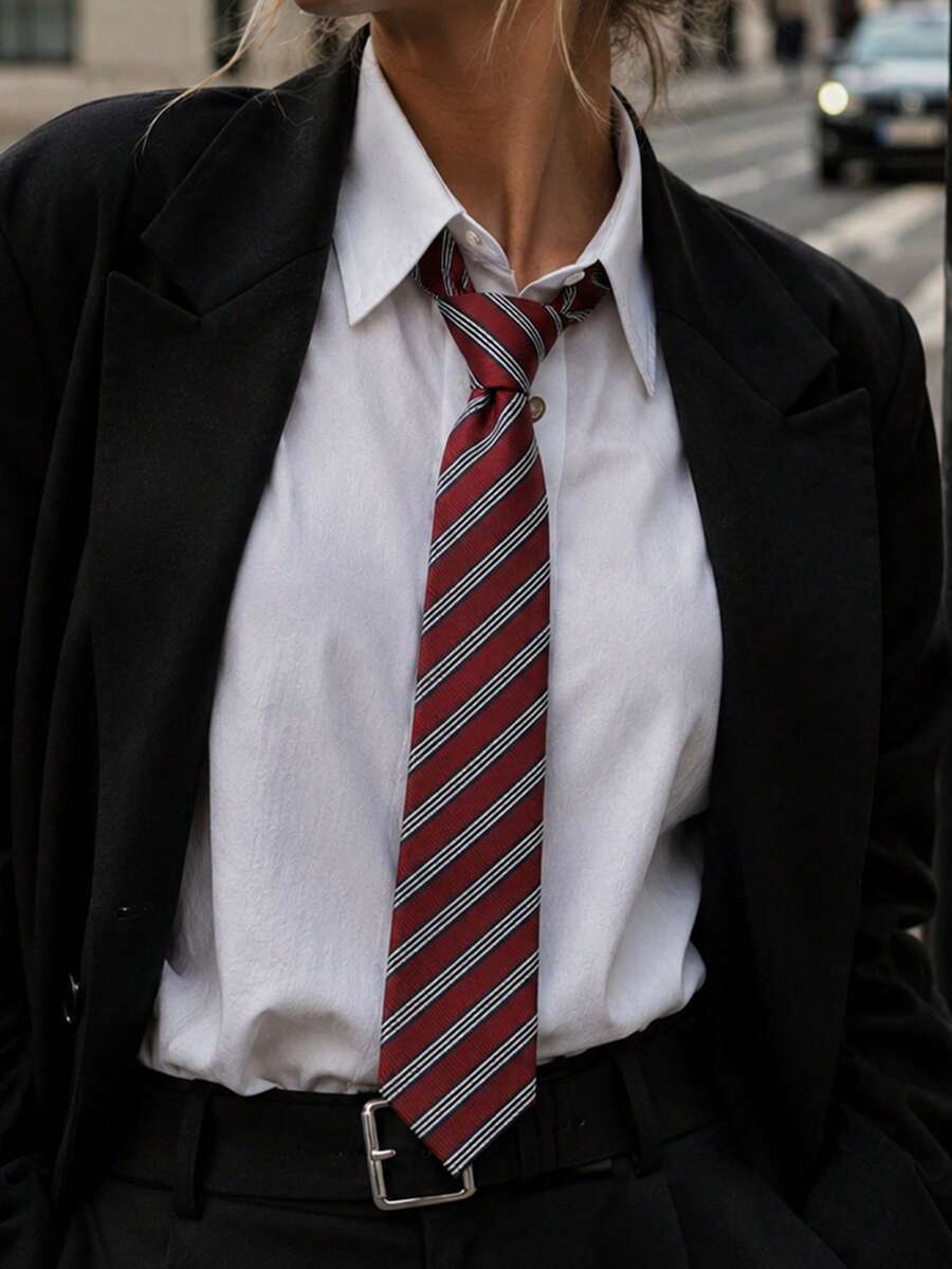 1件經典條紋JK制服領帶,斜紋領帶,個性化手打領帶,適合日常穿著、Cosplay、派對領帶配件 - 酒紅色 - 查看 1