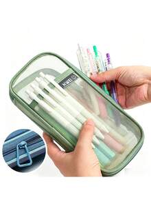 1pc Minimalist Oval Mesh Pencil Case, Large Capacity Wide Mouth Stationery Storage Bag, Durable Zipper Pouch, Suitable For School, Office And Travel School Supplies - Multicolor - View 7