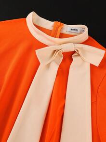 AOMEI Women's Elegant Vintage Modest Orange Faux Collar Bow Puff Short Sleeve A-Line Dress, Evening Party Graduation Prom Birthday Party - Orange - View 3