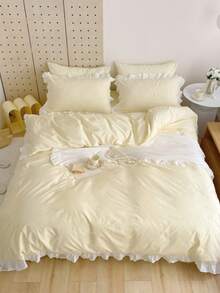 Yellow Creamy Girl Style Ruffle Edge Skin-Friendly Brushed Duvet Cover Set 3pcs (1*Duvet Cover+2*Pillowcases), Suitable For Bedroom, Guest Room, All Seasons, Machine Washable - Yellow - View 8