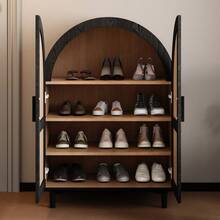 Elegant Sideboard/Shoe Cabinet With Rounded Exterior, Openwork Rattan Doors And Three Shelves. - 卡其色 - 查看 2