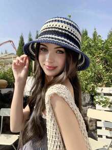 1 件女士拼色夏季新款简约时尚百搭休闲优雅镂空防晒渔夫帽，适合户外旅行、散步、购物、夏季沙滩装 - A - 查看 19