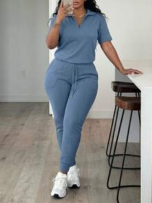 ChicMe Set sportivo da donna 2 pezzi, top a maniche corte con cerniera e pantaloni jogger a vita alta, abbigliamento casual da casa, con tasche, streetwear quotidiano - blu polveroso - Visualizzare 9