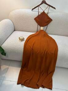 Sommerkleid für Damen, Urlaubsstil Midi-Trägerkleid mit offenem Rücken und Cut-outs, Trägerkleid, elegantes Kleid in Braun, Vacationcore - Braun - Übersicht 2
