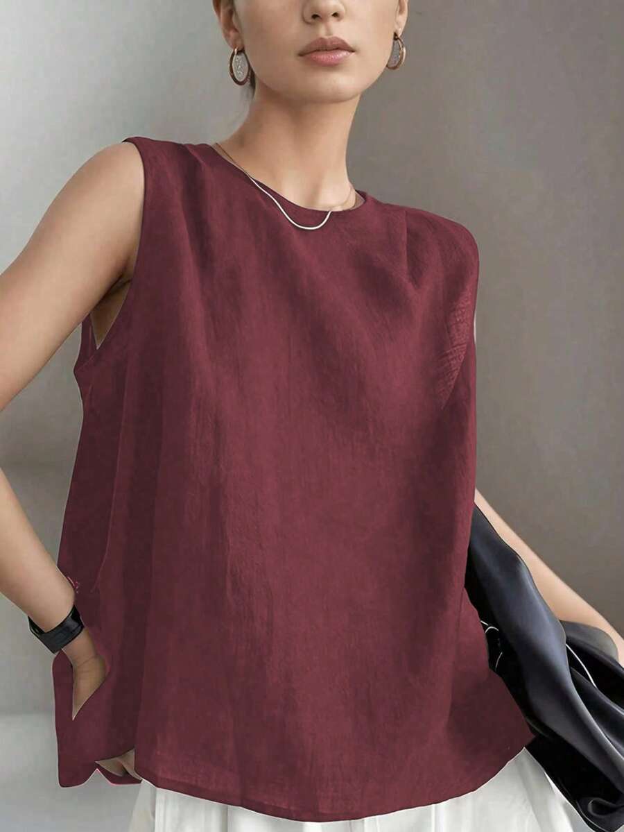 Atasan Tanpa Lengan Minimalis Warna Polos untuk Wanita Ukuran Besar, Cocok untuk Liburan Musim Panas, Perjalanan Sehari-hari, dan Aktivitas Kasual. - Burgundy - View 1
