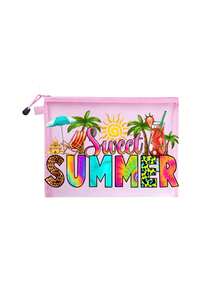 網格托特包套組，印有彩色「Sweet Summer」與遮陽扇、飲料、太陽、椰子樹圖案，網格化妝包，沙灘手提包，休閒度假包，可折疊大容量游泳沙灘包，化妝品收納包，夏季必備，適合學校、度假、假期和返校使用，送給朋友和老師的禮物，理想的返校季禮物 - 彩色 - 查看 18