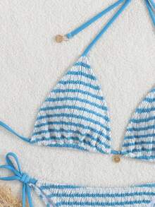 Premium European Halter Bikini With Striped Wavy Split Design, Stylish Color-Block Swimwear Summer - Sky Blue - View 5