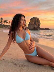 Set Bikini Putih Bertekstur Seksi untuk Wanita, Atasan Segitiga Berumbai + Bawahan Renang Pinggang Rendah, Perlengkapan Pesta Pantai, Pakaian Renang Liburan Musim Panas yang Wajib Dimiliki - Biru - View 1