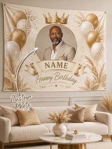 Custom Birthday Photo Tapestry Banner With Name, Crown And Gold Balloon Party Design, Personalized Wall Hanging Backdrop, Suitable For Party Decoration, Multiple Sizes Available, Birthday Aesthetic Style - Multicolor - View 1