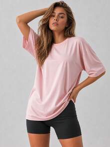 Women's Loose Oversized Drop Shoulder Pink Solid Color T-Shirt Short Sleeve Crew Neck Top Summer Casual Blouse Y2K 2026 Basic Style Sports - Pink - View 6