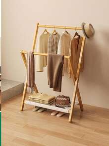 Nordic Foldable Bamboo Coat Rack, Floor-Standing Clothes Rack With Double Hanging Rods For Tops And Scarves, Bottom Shelf For Bags, Shoes And Socks, Stable X-Shaped Structure With Strong Load-Bearing Capacity, Suitable For Bedroom, Entryway And Rental Homes, Enhances Home Ambiance - Multicolor - View 8